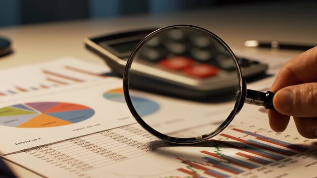 Close-up of a magnifying glass over business documents and charts, symbolizing analysis, research, and financial review. video