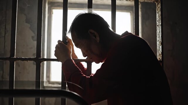 Man in jail cell holding bars