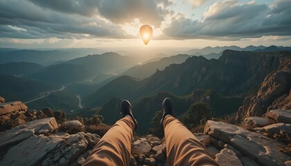 Person Relaxing on Rocky Mountain Cliff.
