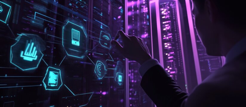 Hand interacts with a futuristic holographic display showing data icons in a dark server room, representing advanced IT infrastructure. - Powered by Adobe