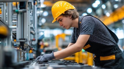 Boy learns factory work skills while wearing safety gear in an industrial setting