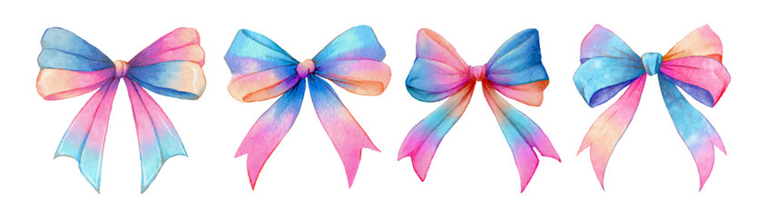 Fototapeta premium Cute ribbon set featuring watercolor bows in pastel shades. Vector illustration with vintage decorative elements for wedding invitations, birthday cards, and fashion designs.