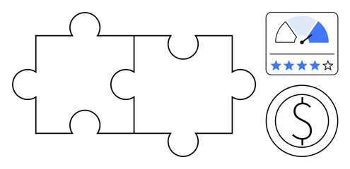 Business strategy. Business strategy by puzzle pieces, performance metrics, and monetary icons. Business strategy fostering success and decision-making. For marketing, economics, project planning