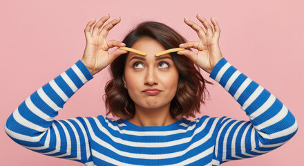Playful Woman Uses French Fries as Eyebrows on Pink Background