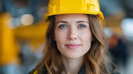 Female industrial engineer with hard hat at construction site during daylight hours