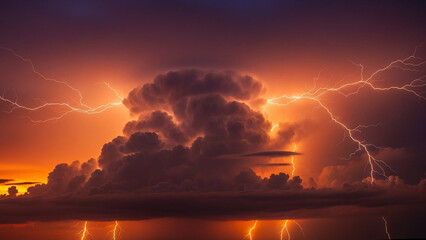 A dramatic thunderstorm dominates the sky, featuring towering storm clouds illuminated by fiery orange and red tones at dusk. Powerful lightning bolts streak across the clouds, highlighting the intens