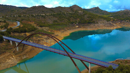 Aerial view of the Fuensanta reservoir and Vicaría bridge, Yeste, Albacete province, Castilla-La...