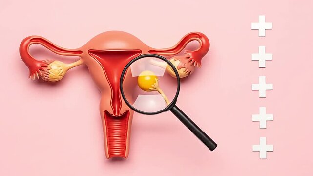 Magnifying Glass Examining Female Reproductive System Uterus Fallopian Tubes Ovary Medical