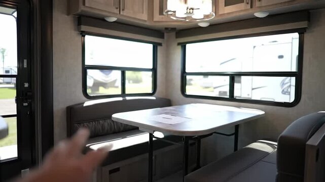 Cozy dining area inside a modern recreational vehicle, featuring comfortable seating and natural light.