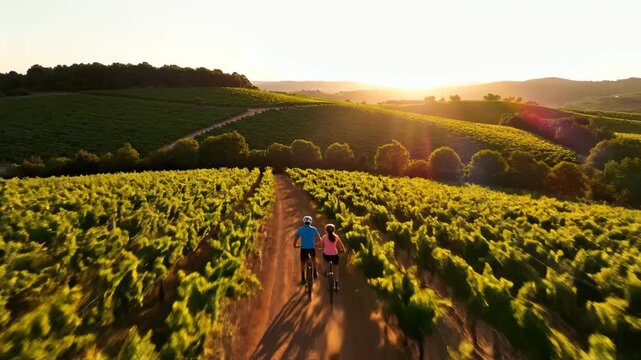 Two people cycling in vineyard