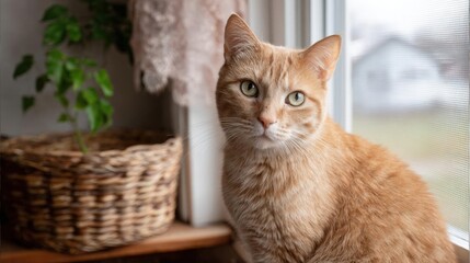 Close-up of an orange tabby cat sitting on a windowsill. the cat is looking directly at the camera with a curious expression. its fur is soft and fluffy, and its eyes are bright and alert.