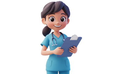 Friendly cartoon hospital nurse character holding a clipboard wearing blue uniform showing care, professionalism, and dedication in detailed three dimensional digital art style 