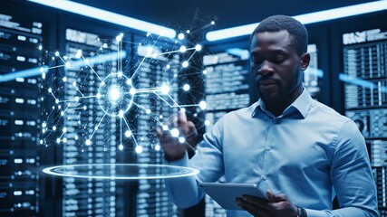 Man interacting with digital network in server room - Powered by Adobe