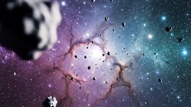 Asteroid Field in Deep Space with Nebula and Stars.