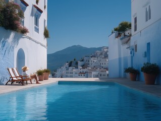 Woman wearing hat relaxing by swimming pool, enjoying summer vacation with a view of a charming white and blue town built on a hillside under a clear blue sky