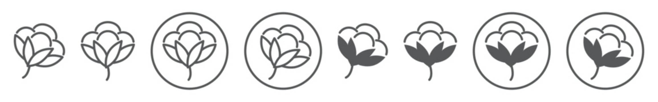 Cotton icon set in line and solid styles, isolated on transparent background. Features cotton flower symbols ideal for textile, fabric, and eco-friendly projects with editable stroke.
