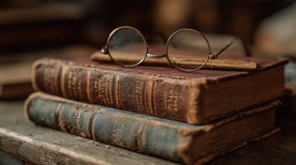 Aged books and spectacles rest on a wooden surface