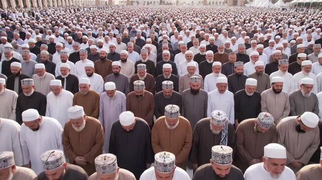Large group of men praying together