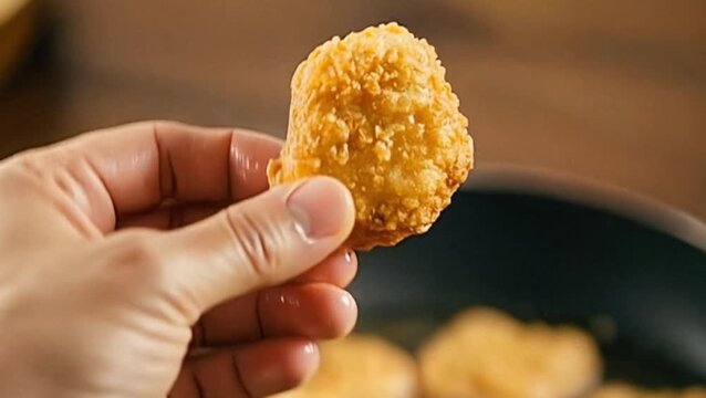 Chicken nuggets frying in hot oil in a pan, crispy breaded pieces bubbling during cooking on dark kitchen background, fast food, restaurant, food delivery