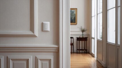Fototapeta premium Close-up of a white door handle on a beige wall. the door handle is in the center of the image and is attached to the wall with a white trim.