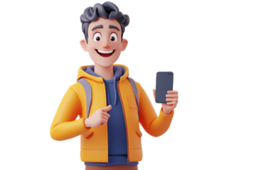 Energetic cartoon smartphone user character demonstrating social interaction, technology use, and playful communication in polished modern digital artwork isolated on transparent background PNG