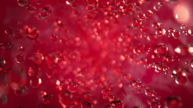 Super Slow Motion Shot of Flying Red Lemonade Liquid Drops Towards Camera at 1000fps.
