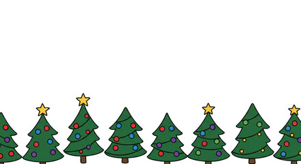 Seamless repeating border of naive art christmas trees in forest green with colorful baubles and bold outlines, transparent negative space, cheerful holiday charm concept