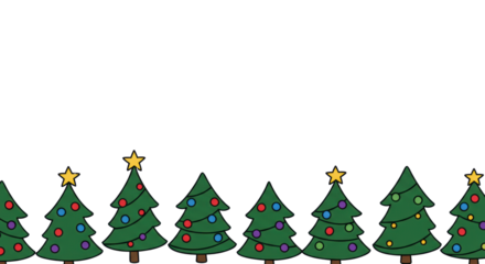 Seamless repeating border of naive art christmas trees in forest green with colorful baubles and bold outlines, transparent negative space, cheerful holiday charm concept