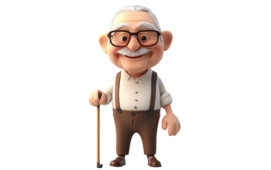 Gentle cartoon old man character walking with a cane showing wisdom, experience, and graceful movement in detailed three dimensional digital art style isolated on transparent background PNG