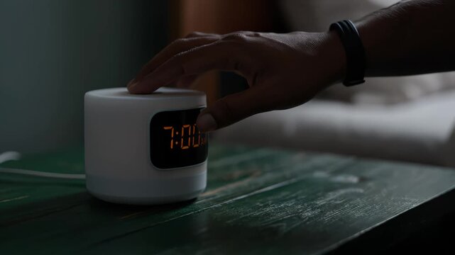 Person turning off alarm clock on bedside table