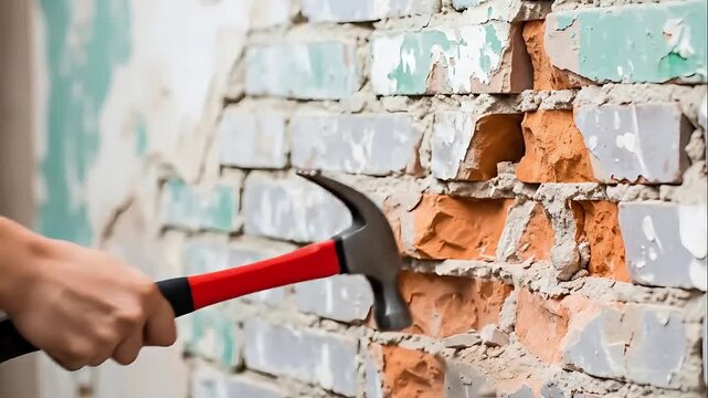 Person demolishing old brick wall with red handled hammer breaking down plaster and paint for