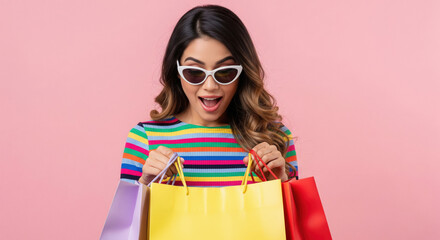 Happy Shopper Looks Excitedly into Colorful Bags