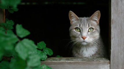 Close-up of a cat's face peeking out of a wooden window. the cat is a gray tabby with white fur and green eyes. it is looking directly at the camera with a curious expression.