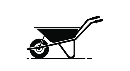 Silhouette of a traditional garden wheelbarrow in black isolated on a plain white background for gardening themes.