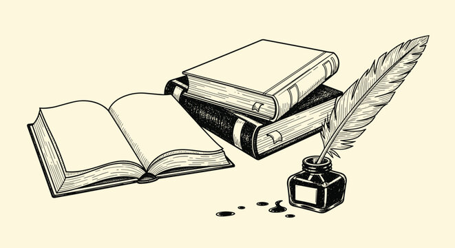 Vintage still life illustration featuring a stack of old books an open book and a quill pen in an inkwell for literature.