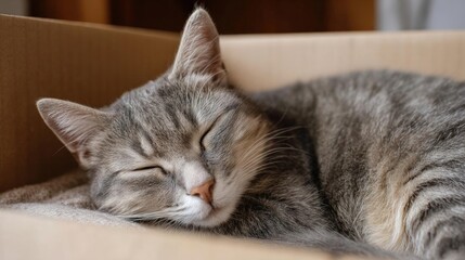 Gray cat sleeping peacefully in a cardboard box. the cat is lying on its side with its head resting on its front paws and its eyes closed. its fur is soft and fluffy, and its ears are perked up.