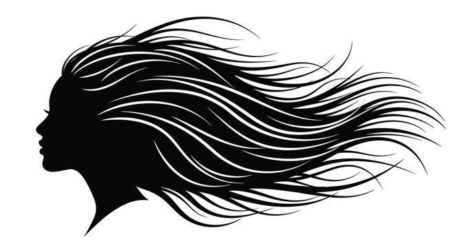 Black silhouette profile of a woman with dramatic long flowing hair representing beauty hair care and freedom.