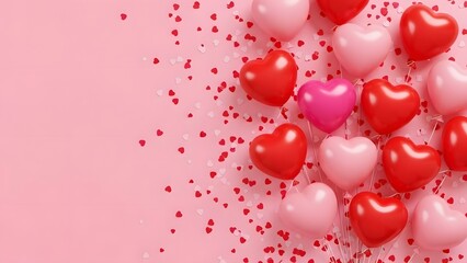 a cluster of red and pink heart shaped balloons on a pink background