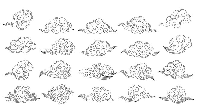 Large collection of stylized Chinese or Japanese clouds in a traditional line art style representing wind, sky, and oriental aesthetics.