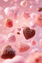 pastel pink valentine background, cute chocolate sweets floating softly, heart-shaped chocolates, strawberry chocolate, ribbons and small hearts, soft fluffy atmosphere, dreamy and sweet mood.