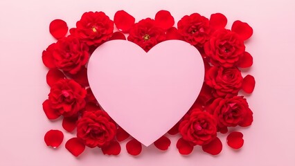 a pink heart surrounded by red roses and petals on a soft pink background