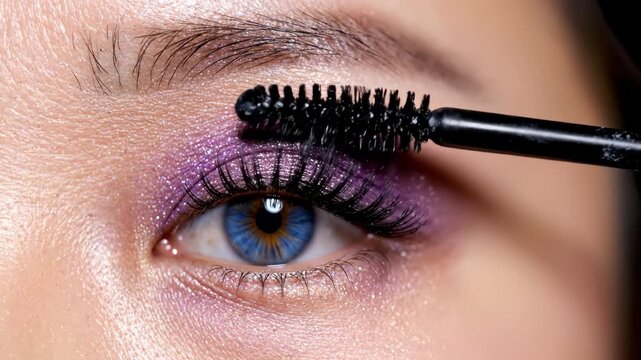 Closeup of eye with purple makeup and mascara
