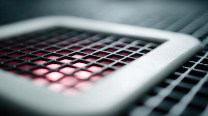 Close-up of a white rectangular device with a grid-like pattern on its surface. the grid appears to be made up of small squares or rectangles, with each square having a red light in the center.