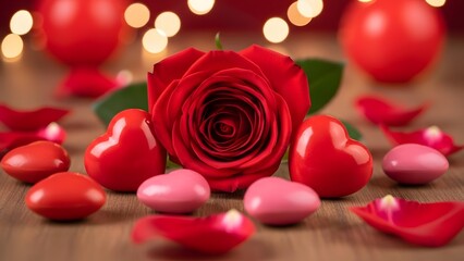 A red rose surrounded by heart shaped candies and petals on a wooden surface