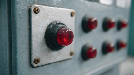 Close-up of a control panel with six red buttons. the panel is made of metal and has a rectangular shape with a small hole in the center.