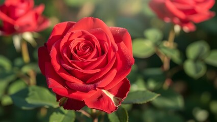 a close up view of a red rose with blurred background