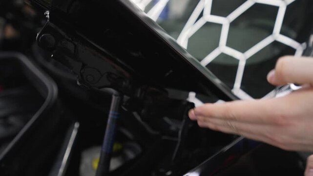 Automotive detailer in black gloves meticulously applying paint protection film on the edge of a black car's hood in a professional garage