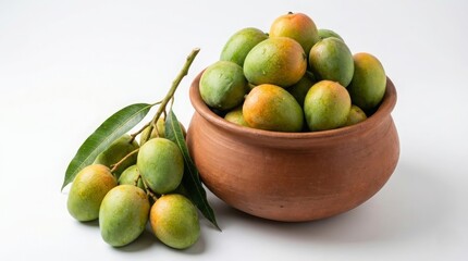 Fresh organic green and yellow mangoes in a traditional clay pot with a bunch of mangoes on branch isolated on white background. Sweet tropical fruit, healthy seasonal food, and natural agriculture.