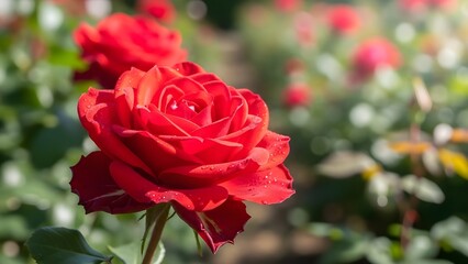 a close up view of a vibrant red rose in a garden