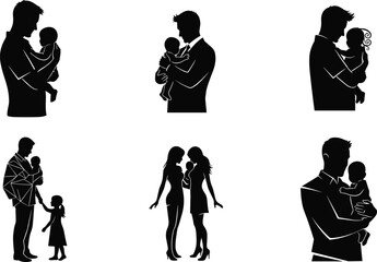 Father and family silhouette set showing dad holding baby and child isolated on white background love parenting illustration collection